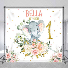 Aperturee - Floral Elephant Custom Name 1st Birthday Backdrop