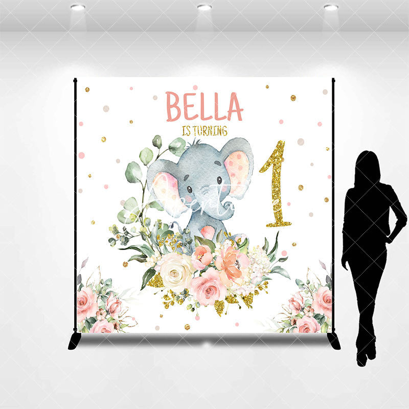 Aperturee - Floral Elephant Custom Name 1st Birthday Backdrop