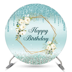 Aperturee Floral Glitter Blue Round Happy Birthday Backdrop