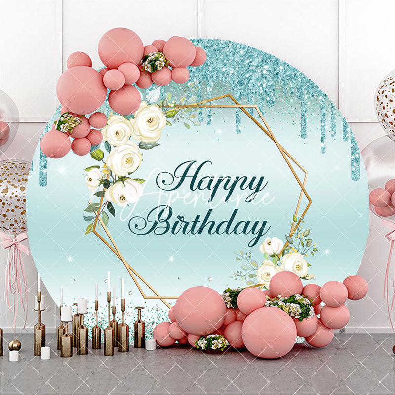 Aperturee Floral Glitter Blue Round Happy Birthday Backdrop