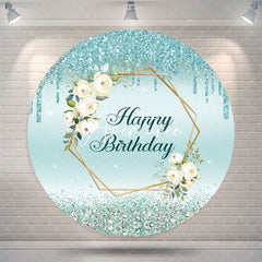 Aperturee Floral Glitter Blue Round Happy Birthday Backdrop