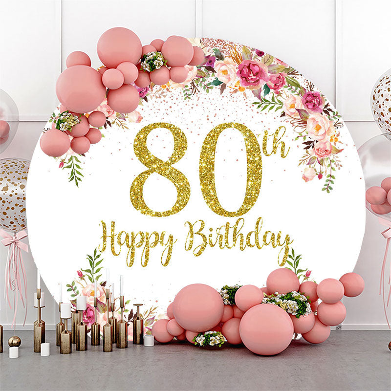 Aperturee Floral Glitter Happy 80th Birthday Round Backdrop