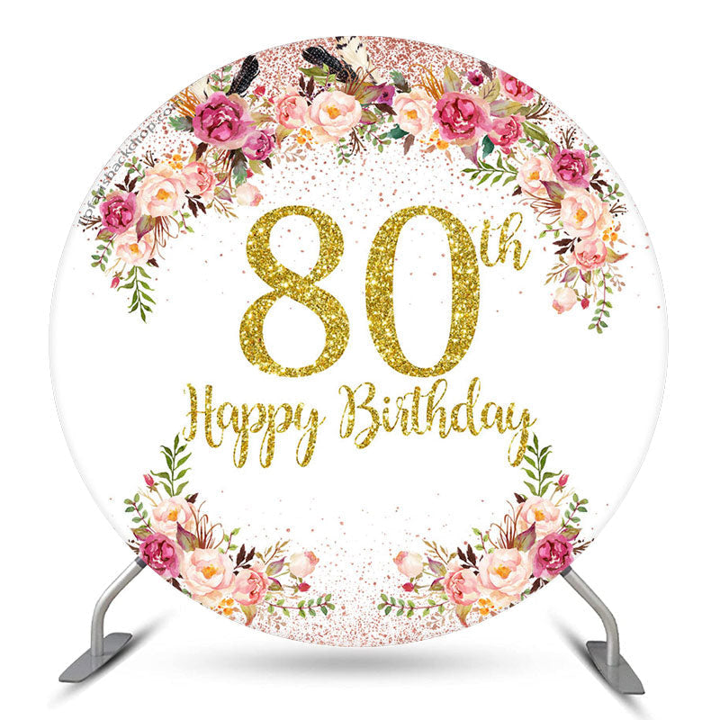 Aperturee Floral Glitter Happy 80th Birthday Round Backdrop