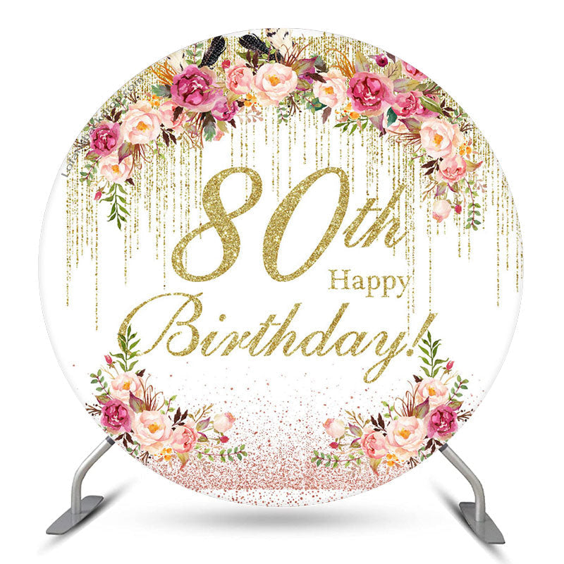 Aperturee Floral Glitter Round Happy 80th Birthday Backdrop