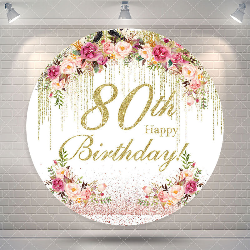 Aperturee Floral Glitter Round Happy 80th Birthday Backdrop