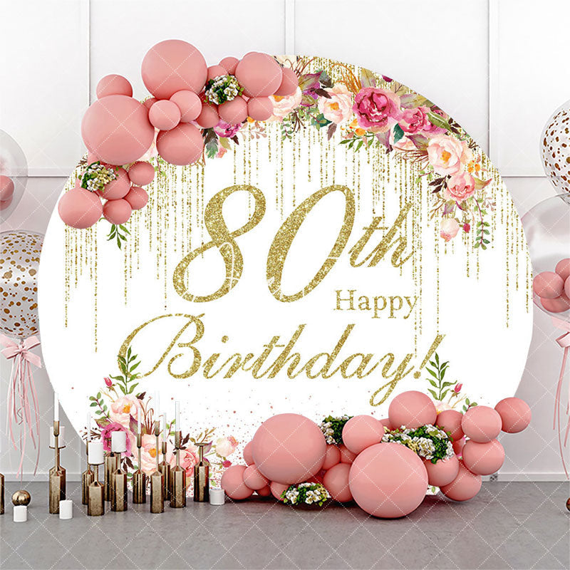 Aperturee Floral Glitter Round Happy 80th Birthday Backdrop