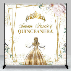 Aperturee - Floral Gold Crown Custom Name Quinceanera Backdrop