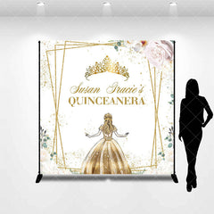 Aperturee - Floral Gold Crown Custom Name Quinceanera Backdrop