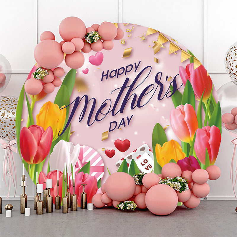 Aperturee - Floral Gold Ribbon Gift Round Mothers Day Backdrop