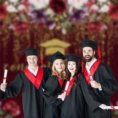 Aperturee - Floral Gold Sparkling Red Graduation Backdrop For Photo