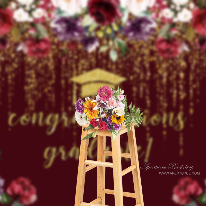 Aperturee - Floral Gold Sparkling Red Graduation Backdrop For Photo