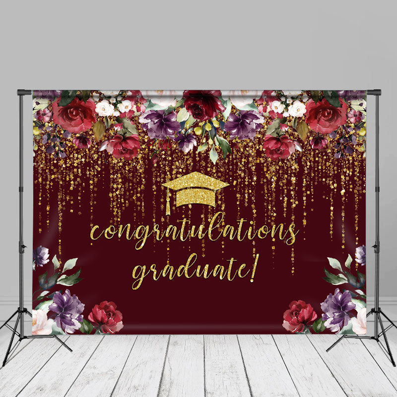 Aperturee - Floral Gold Sparkling Red Graduation Backdrop For Photo