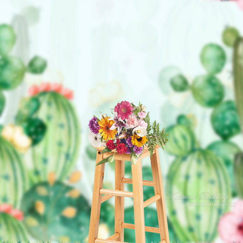 Aperturee - Floral Green Cactus Summer Backdrop For Children