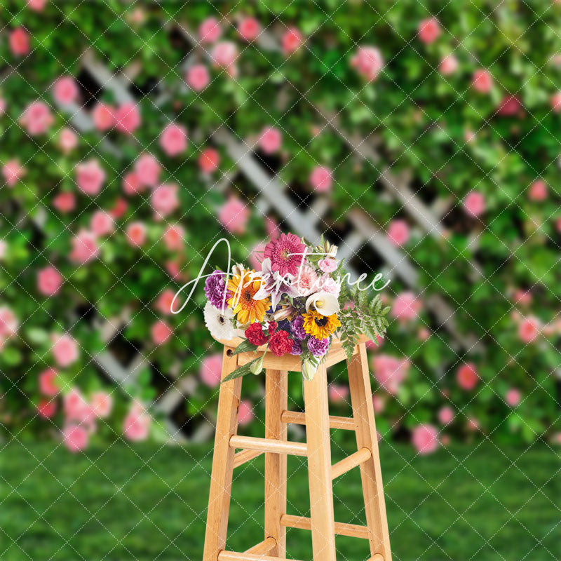 Aperturee - Floral Green Grass Fence Spring Photography Backdrop