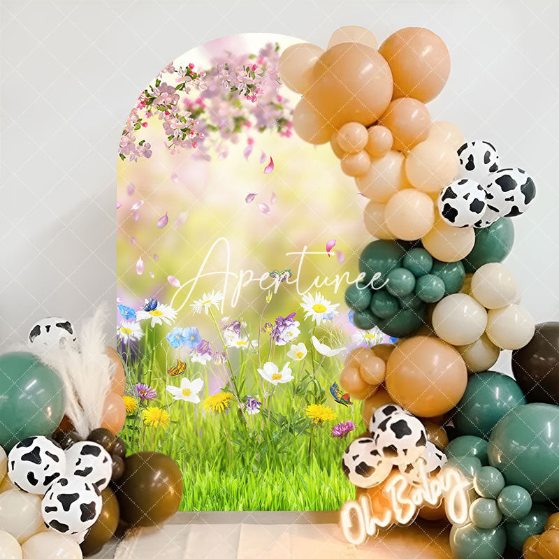 Aperturee - Floral Green Grass Spring Birthday Arch Backdrop