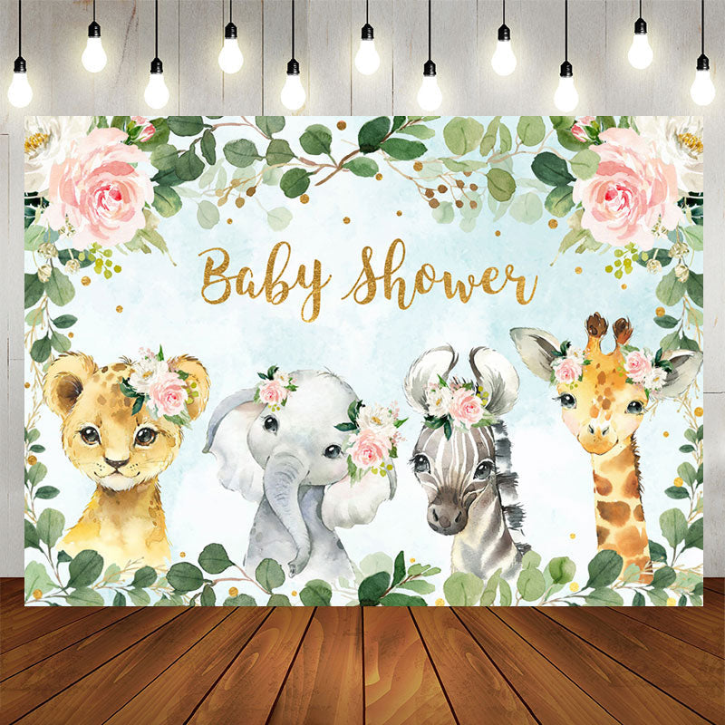 Aperturee - Floral Green Leaves Animals Baby Shower Backdrop for Girls