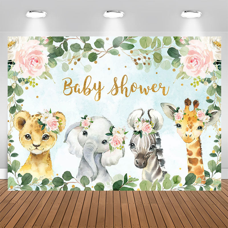 Aperturee - Floral Green Leaves Animals Baby Shower Backdrop for Girls