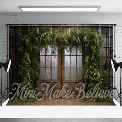 Aperturee - Floral Green Leaves Cabin Wood Door Spring Backdrop