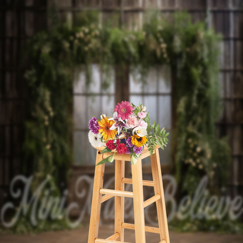 Aperturee - Floral Green Leaves Cabin Wood Door Spring Backdrop