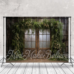 Aperturee - Floral Green Leaves Cabin Wood Door Spring Backdrop