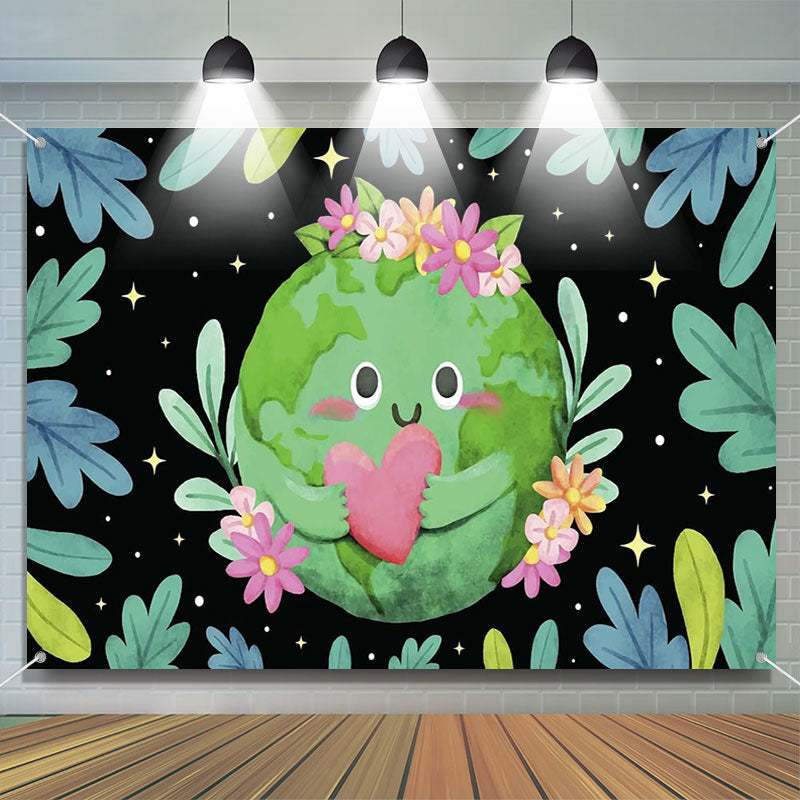 Aperturee - Floral Heart Green Earth Day Backdrop for Decor