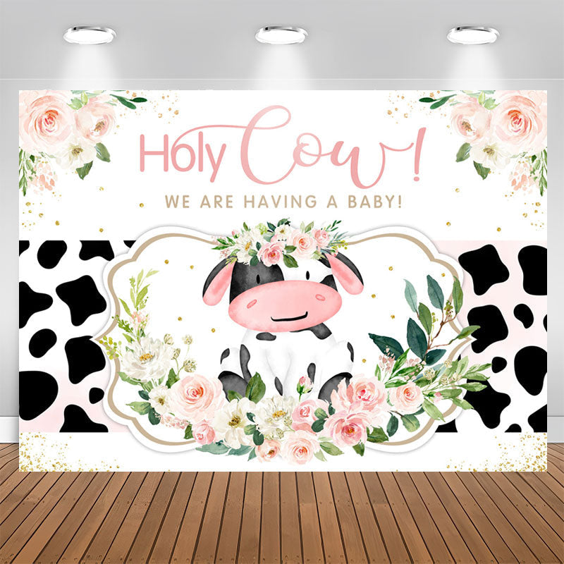 Aperturee - Floral Holy Cow Baby Shower Backdrop For Girls