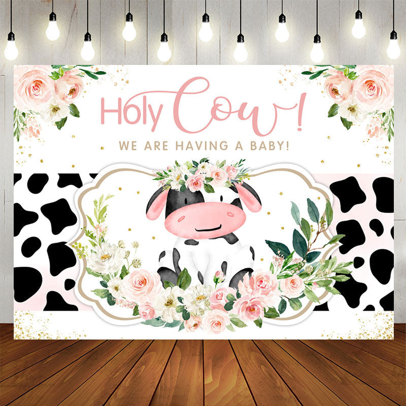 Aperturee - Floral Holy Cow Baby Shower Backdrop For Girls