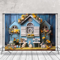 Aperturee - Floral House Blue Vintage Wall Easter Photo Backdrop