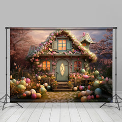 Aperturee - Floral House Colorful Eggs Cartoon Easter Backdrop