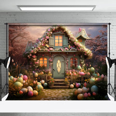 Aperturee - Floral House Colorful Eggs Cartoon Easter Backdrop