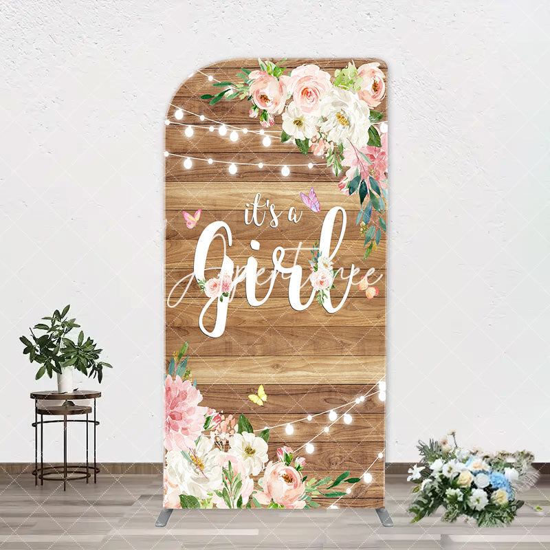 Aperturee - Floral Its A Girl Wooden Baby Shower Arch Backdrop