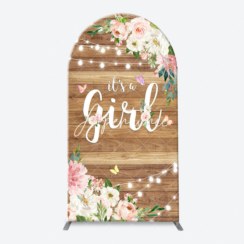 Aperturee - Floral Its A Girl Wooden Baby Shower Arch Backdrop