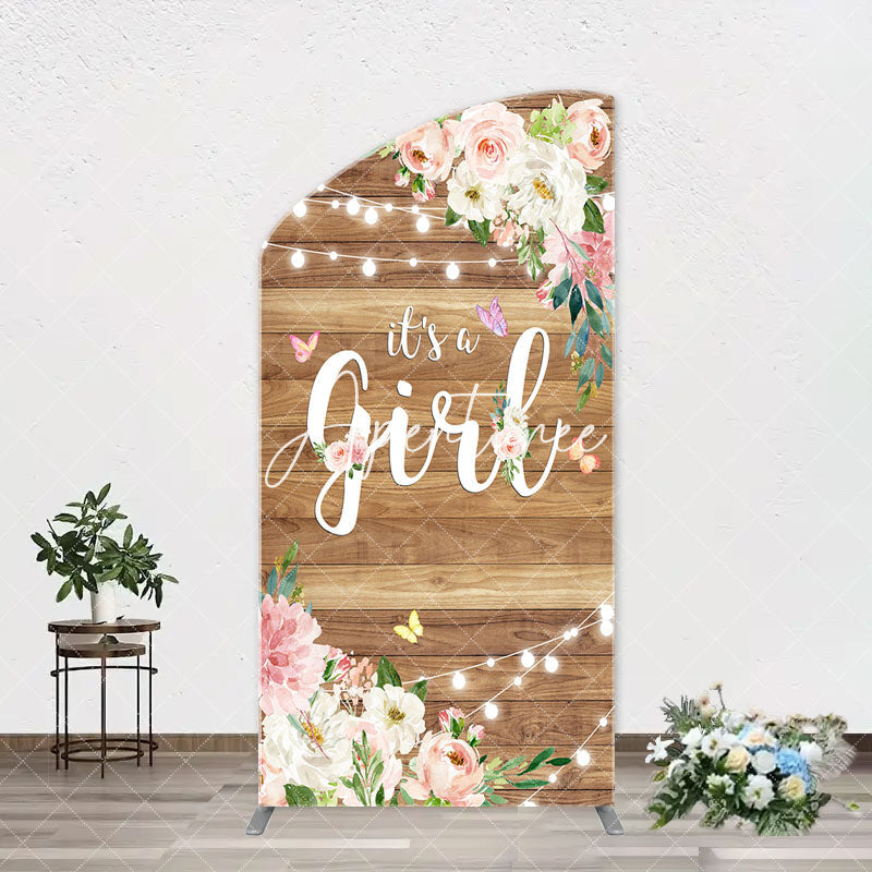 Aperturee - Floral Its A Girl Wooden Baby Shower Arch Backdrop