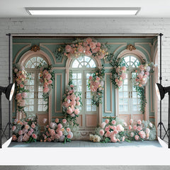 Aperturee - Floral Leaf Green Pink Window Wedding Photo Backdrop