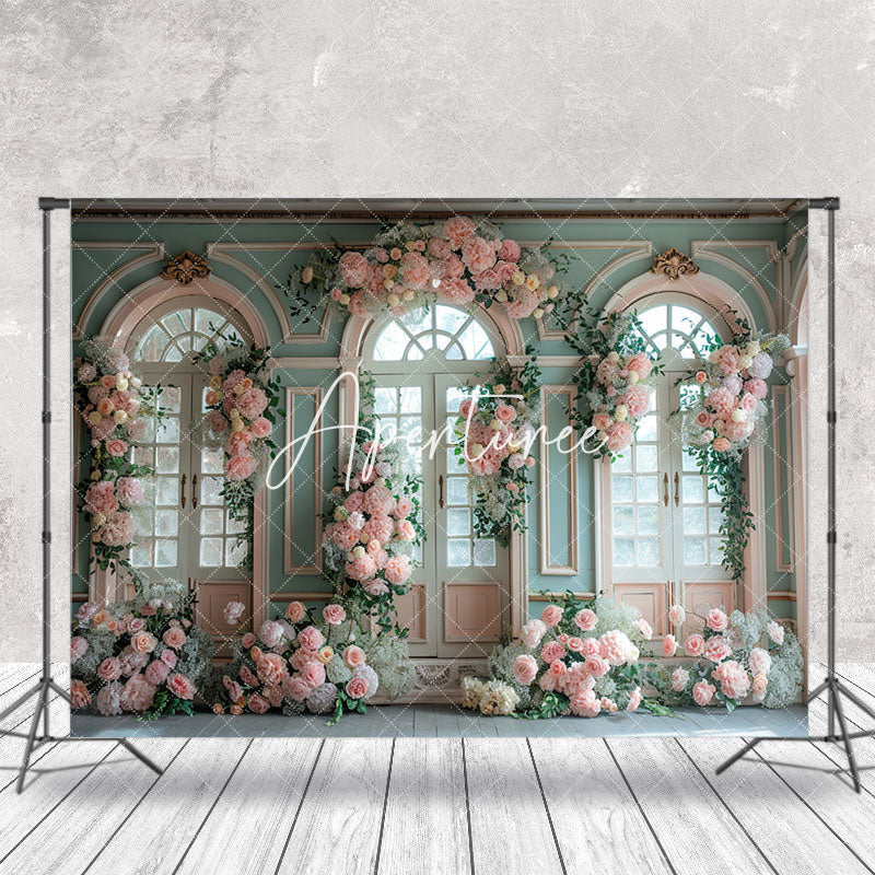 Aperturee - Floral Leaf Green Pink Window Wedding Photo Backdrop