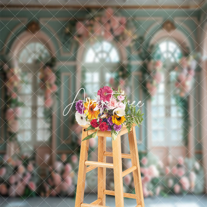 Aperturee - Floral Leaf Green Pink Window Wedding Photo Backdrop