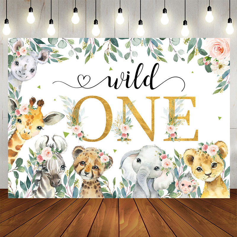 Aperturee - Floral Leaf Wild Animals Happy 1st Birthday Backdrop