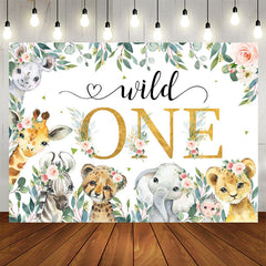 Aperturee - Floral Leaf Wild Animals Happy 1st Birthday Backdrop