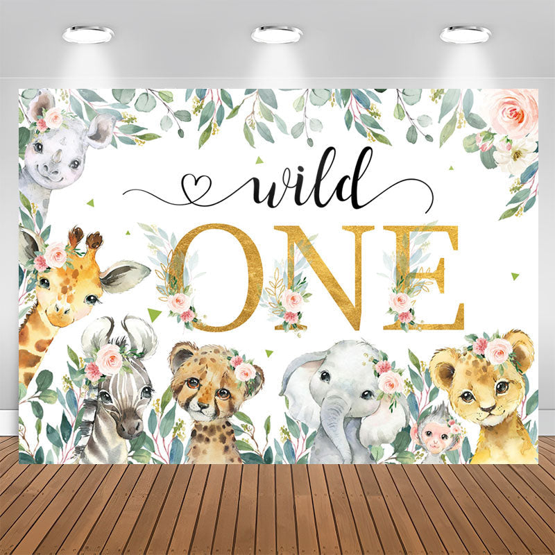 Aperturee - Floral Leaf Wild Animals Happy 1st Birthday Backdrop