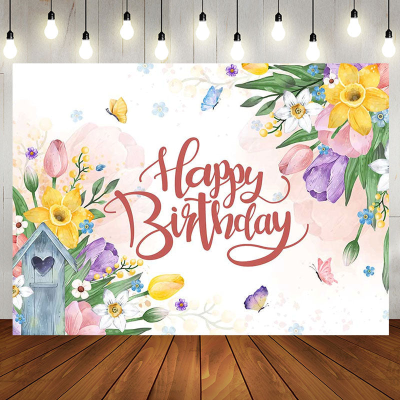 Aperturee - Floral Leaves Butterfly Birthday Backdrop For Girl