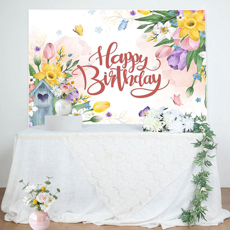 Aperturee - Floral Leaves Butterfly Birthday Backdrop For Girl