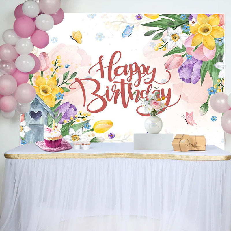 Aperturee - Floral Leaves Butterfly Birthday Backdrop For Girl