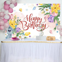 Aperturee - Floral Leaves Butterfly Birthday Backdrop For Girl