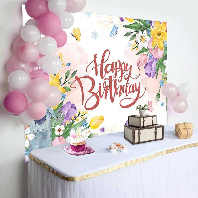 Aperturee - Floral Leaves Butterfly Birthday Backdrop For Girl