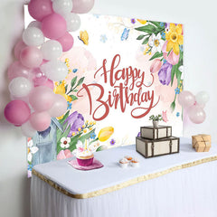 Aperturee - Floral Leaves Butterfly Birthday Backdrop For Girl