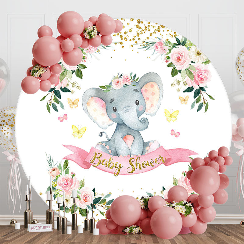 Aperturee - Floral Leaves Elephant Round Baby Shower Backdrop