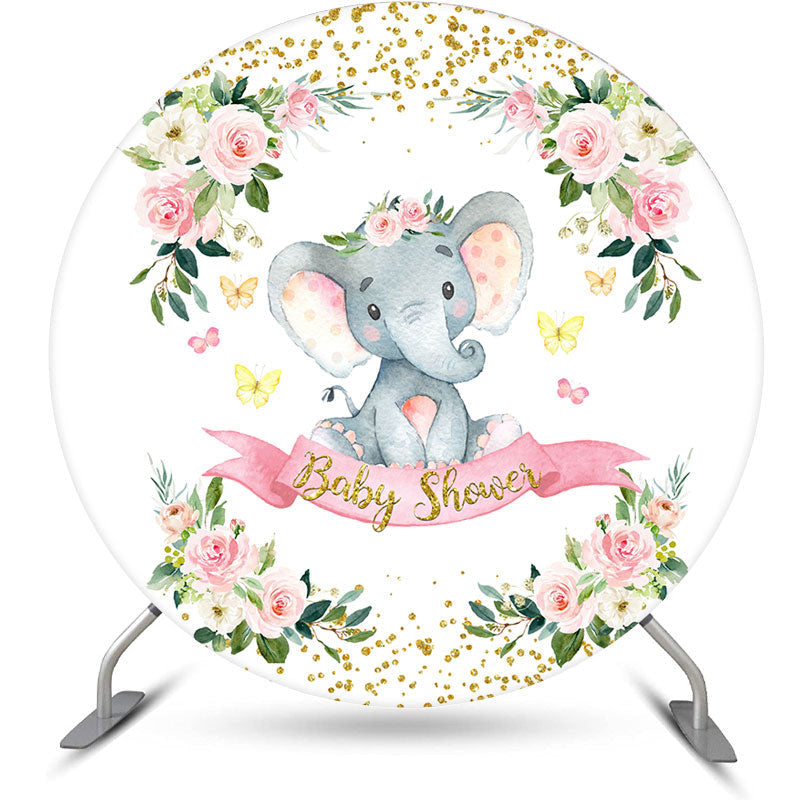 Aperturee - Floral Leaves Elephant Round Baby Shower Backdrop