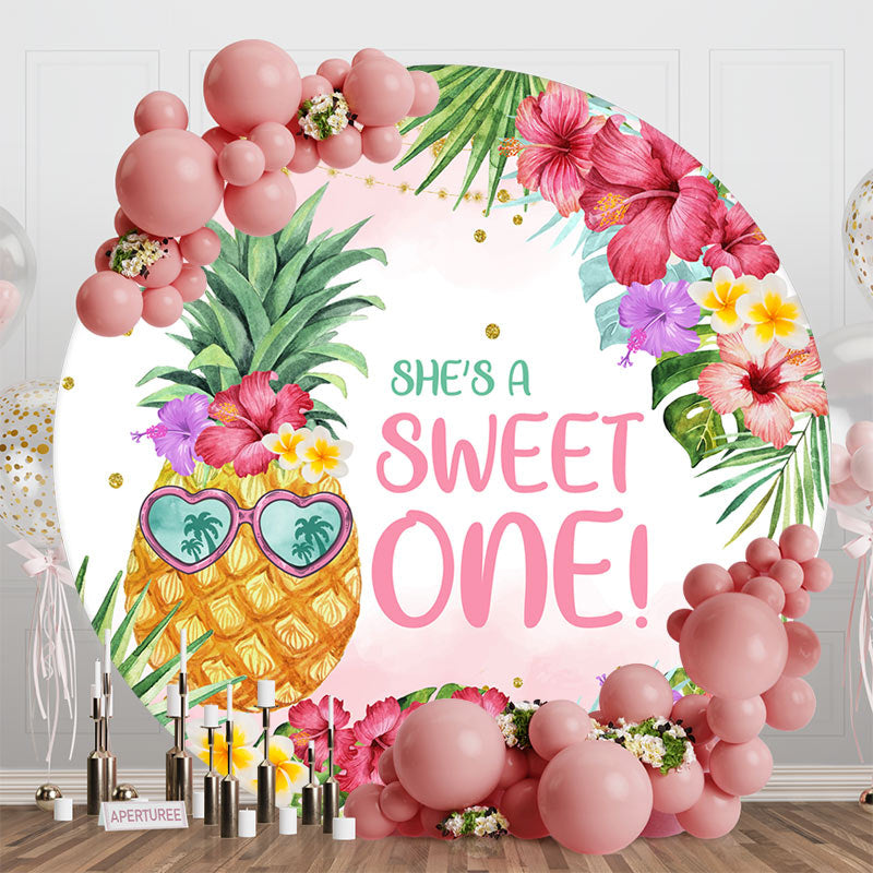 Aperturee - Floral Leaves Pineapple Round 1st Birthday Backdrop