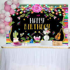 Aperturee - Floral Lights Cactus Guitar Leaves Birthday Backdrop