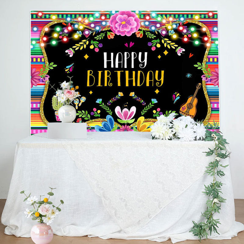 Aperturee - Floral Lights Cactus Guitar Leaves Birthday Backdrop